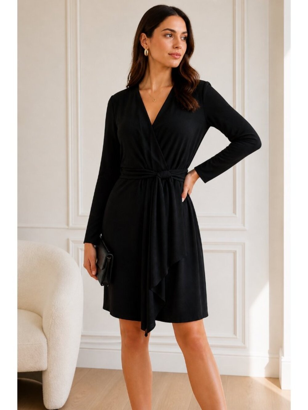 Emporio Armani Black Wrap Dress Long Sleeve Belted V Neck Size 46